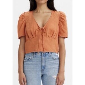 Levi's Luisa Linen-Blend Cropped Puff-Sleeve Blouse in Rust Orange